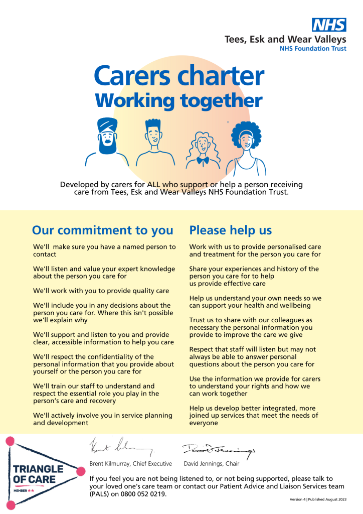 The TEWV carers charter poster. The text from this poster is on this webpage.