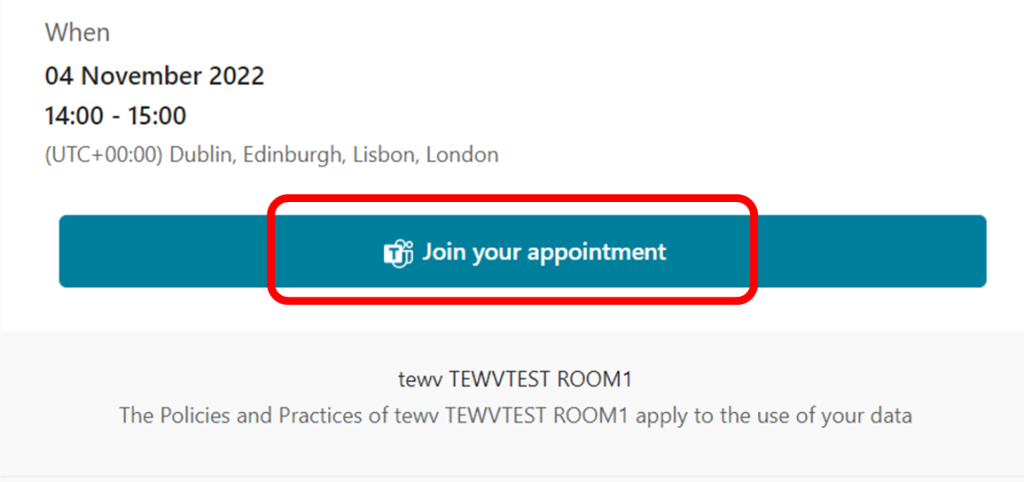 screenshot of what the email invite will look like. It will have the date and a time and a button to click to join your appointment