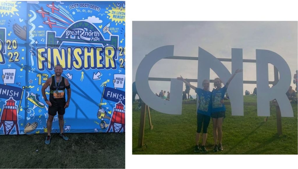 Greg Hawman at the finish line of the Great North run and Charlotte Artrill and her friend Kerry at a GNR sign.
