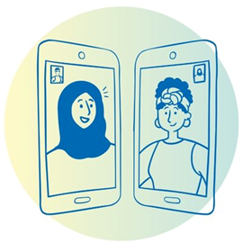 Illustration of two phones with people on the screens as if talking to each other