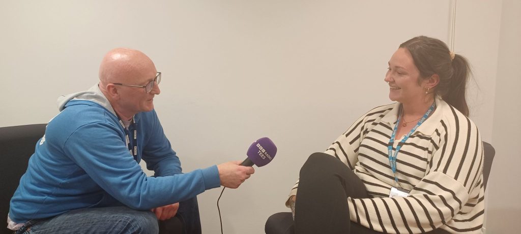 Photo of hannah Fairbairn being interviewed by BBC Radio Tees