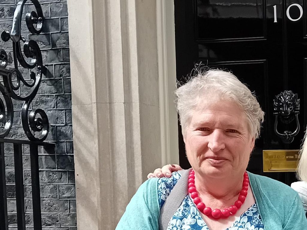 Ros, a TEWV carer, at Downing Street for Carers Week 2023.