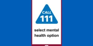 Image of a mobile phone with the words Call 111 select mental health option