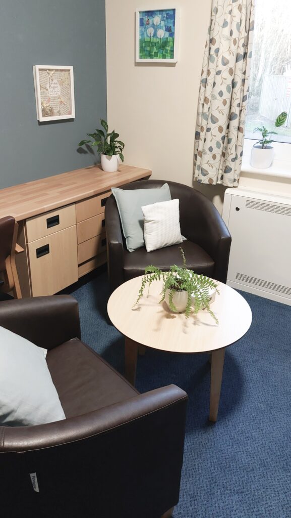 Therapy space with two chairs and a small table with a plant on