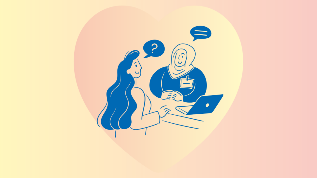 illustration of two people talking, one asking a question and the other answering