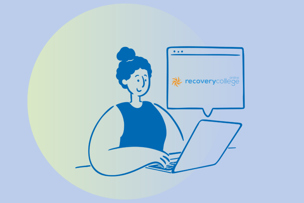 An illustration of a lady sat at a laptop with the Recovery College Online logo popping out.