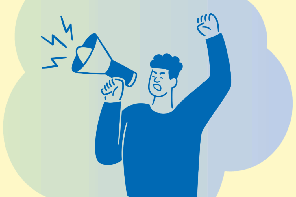 an illustration of a man shouting through a speakerphone and raising his fist