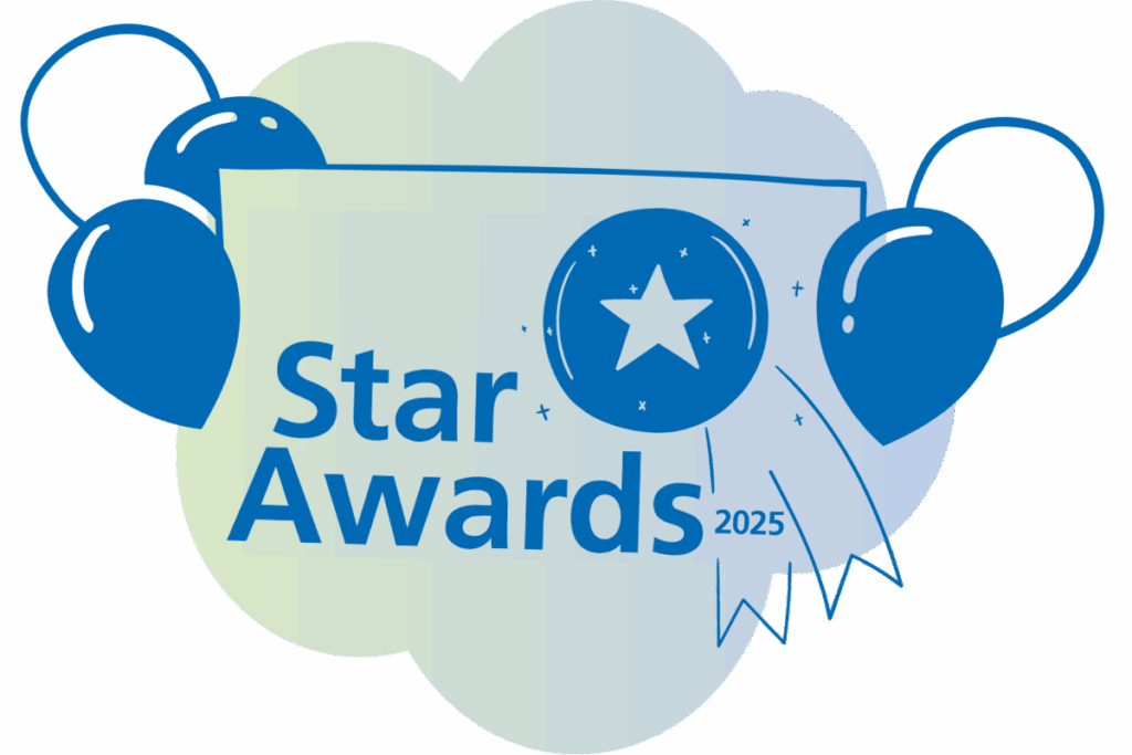 an illustration of the 2025 Star Awards logo surrounded by balloons