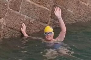Marie-Helene Sanderson after her swim around Jersey