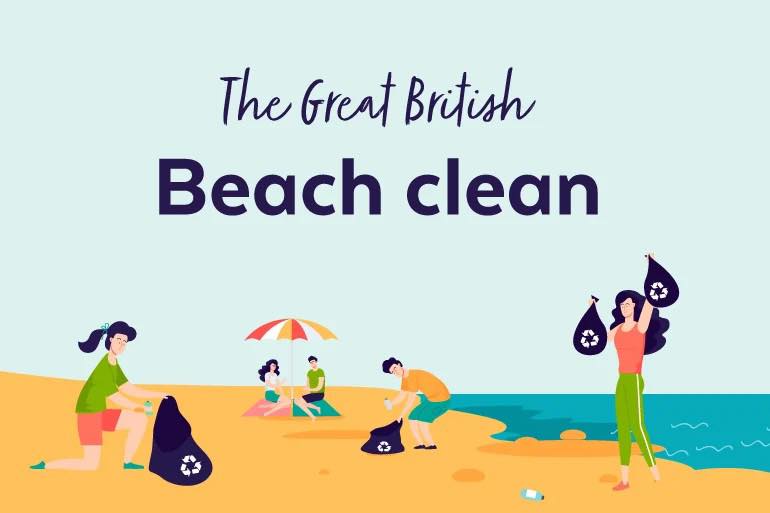 The Great British Beach Clean logo showing illustrations of people on a beach with sacks, cleaning up
