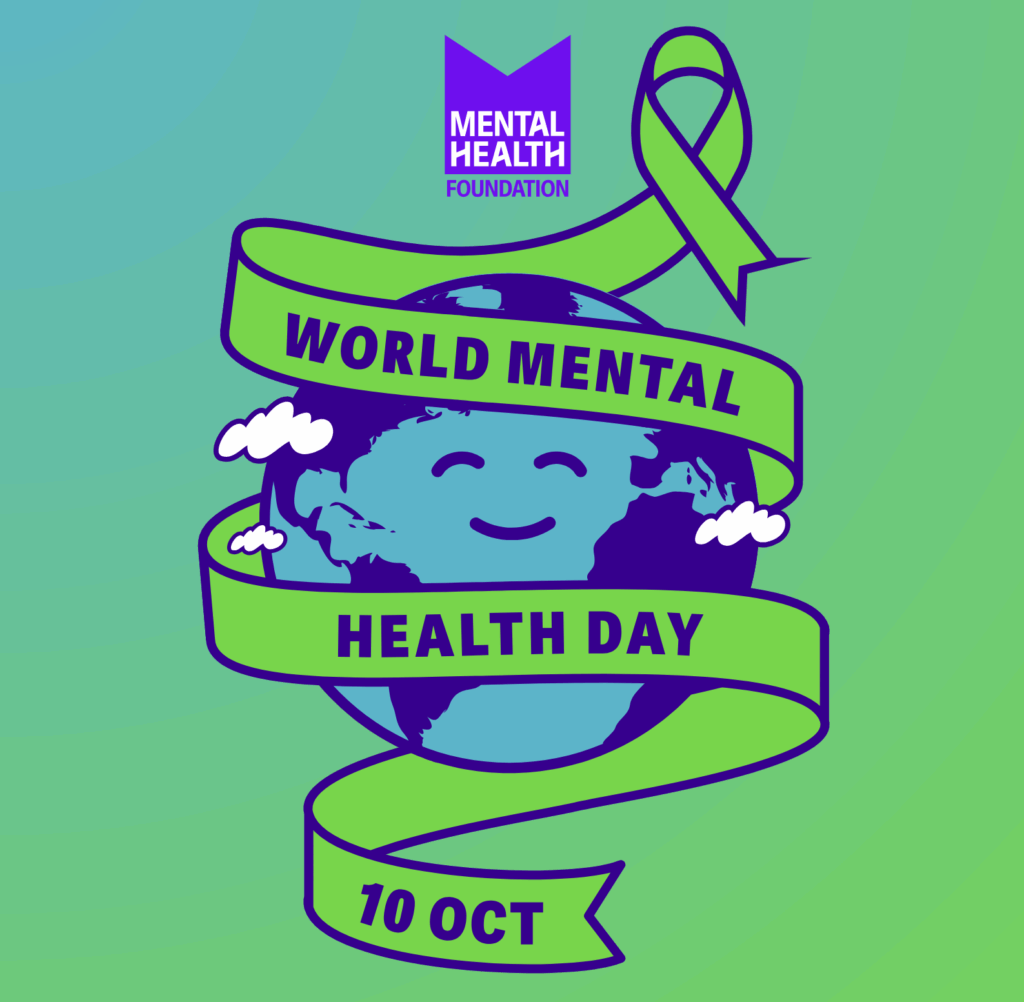 Illustration of a smiley faced earth wrapped in a green ribbon with the words: "World Mental Health Day 10 Oct" on it.