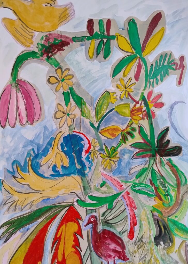 Artwork of flowers and birds created by patients at Foss Park Hospital