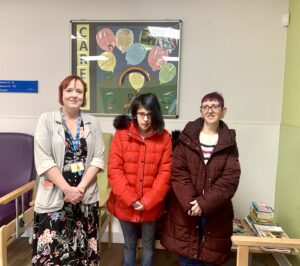 Trust psychologist Samantha Short (left) with involvement members Chloe (middle) and Julianna (right) pictured in the revamped reception area at North Moor House.