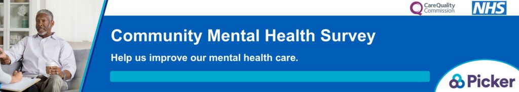 A male sitting on a comfortable chair with a drink in his hand with the wording "community mental health survey. Help us improve our mental health care."
