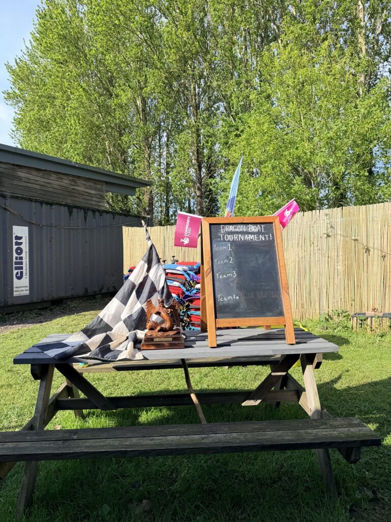The dragon boat leader board with chequered flag and trophy