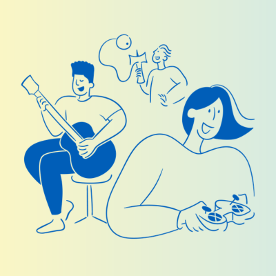 People with their hobbies: guitar, sports and gaming