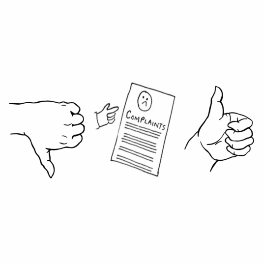 Easy read image showing thumbs down, a complaints form and a thumbs up