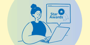 An illustration of a lady sat with her laptop open and the Star Awards 2025 logo popping out the top of it.