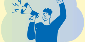 an illustration of a man shouting through a speakerphone and raising his fist
