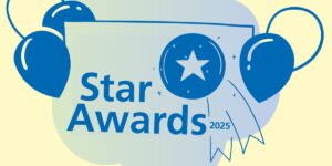 an illustration of the 2025 Star Awards logo surrounded by balloons on a yellow background