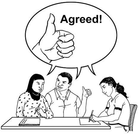 Three people around a table agreeing