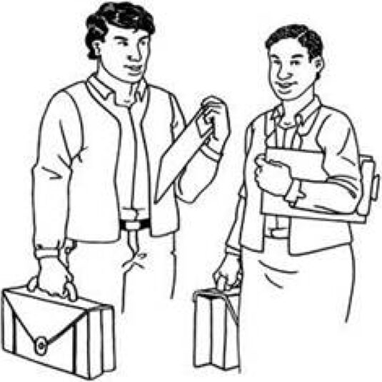 Two workers standing next to another