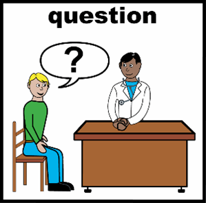 An image of a person speaking to a doctor with a speech bubble above their head with a question mark in it