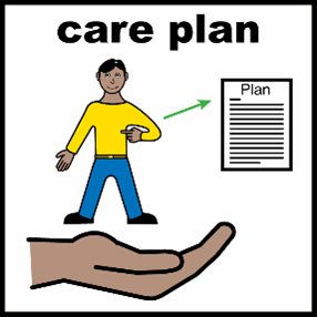 illustration of a person, with an arrow pointing to a piece of paper (their care plan)