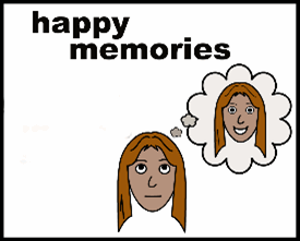 illustration of someone with a thought bubble. In the thought bubble is that person smiling and recalling a happy memory.
