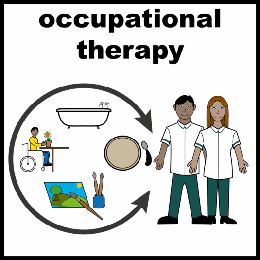 Picture of two people in white occupational therapy uniforms next to images of a bath, a plate and cutlery, and a person in a wheelchair