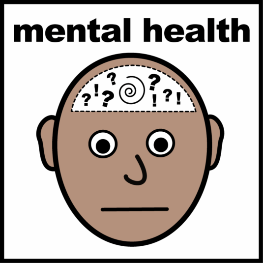 illustration showing a person with a question mark and exclamation mark on their head to illustrate mental health