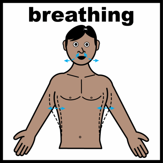 Illustration of a person with blurred face and lines showing airflow during breathing.