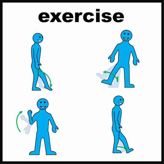 This picture shows four blue stick people. Each person is doing a different exercise. Some are moving their arms. Some are moving their legs.