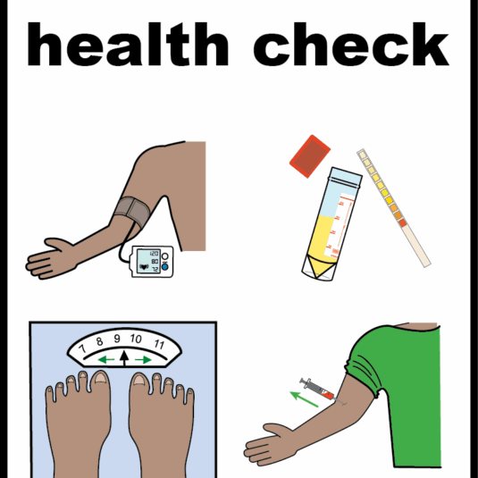 illustration of someone on weigh scales, of someone having their blood pressure taken and of having an injection