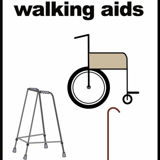 Wheelchair, walker, and cane with the words 'walking aids'.