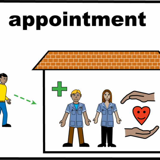 illustration of someone meeting with a nurse in a building