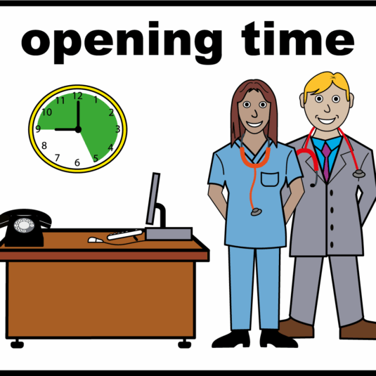 picture of a doctor and a nurse stood next to a clock