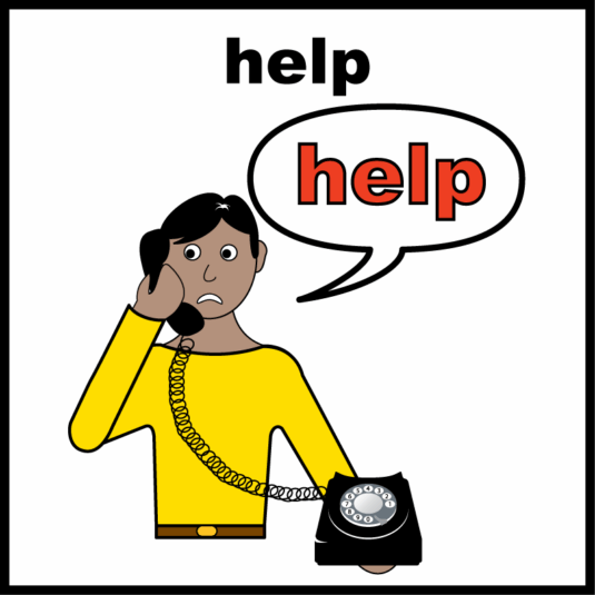 illustration of a person on the phone asking for help in red bold letters