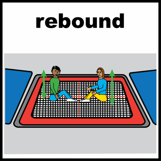Two people sitting on a trampoline with 'rebound' written above and green arrows showing bouncing motion.