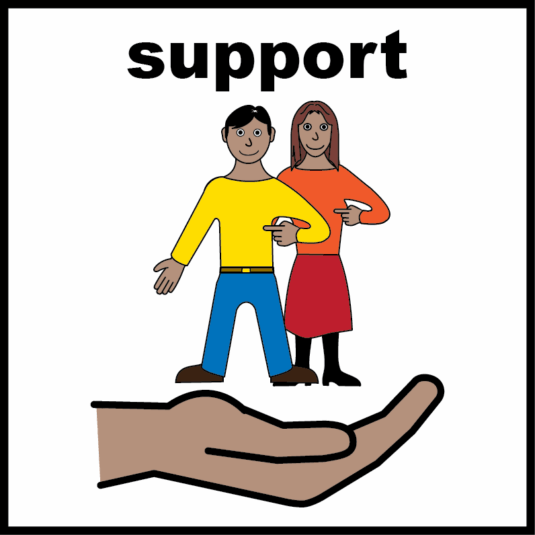 Two cartoon characters standing on an open hand with the word 'support' above them.