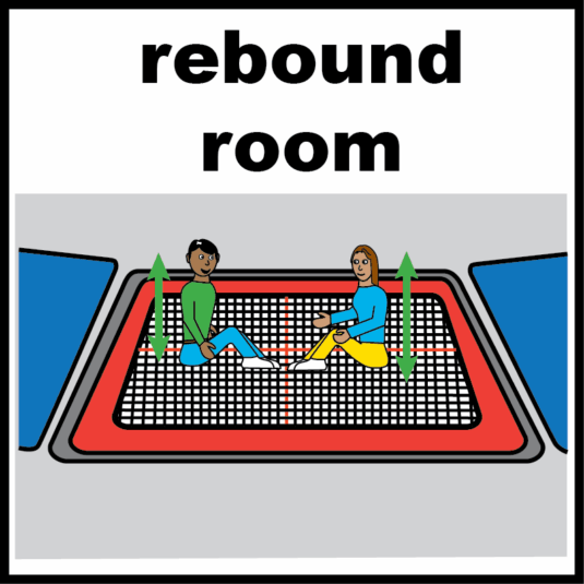 Two people sitting on a trampoline in a room with the words 'rebound room' above them.