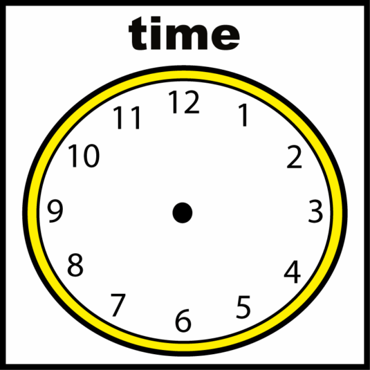 Clock with numbers 1 to 12 and the word 'time' above it.