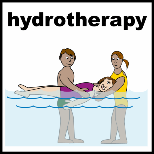 Two people in a pool, one supporting the other who is floating, with the word 'hydrotherapy' above.