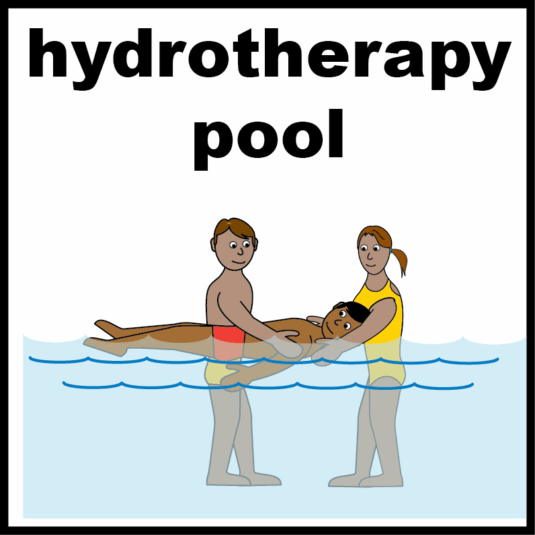 Two people in a pool supporting a third person who is floating, with the words 'hydrotherapy pool' above.