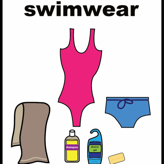 Swimwear items including a pink swimsuit, blue swim trunks, towel, shampoo, shower gel, and soap, with the word 'swimwear' above.