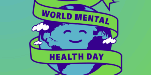 Illustration of a smiley faced earth wrapped in a green ribbon with the words: "World Mental Health Day 10 Oct" on it.
