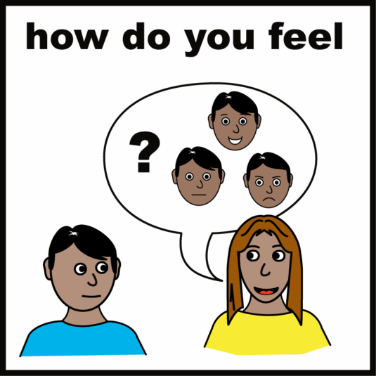 someone speaking to someone and in the speech bubble there's pictures of people with different happy or sad faces