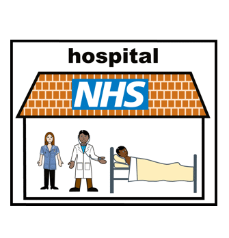 illustration of a ban behind a door with bars and an arrow pointing to an illustration of building with NHS sign and a doctor and nurse inside with someone in bed.