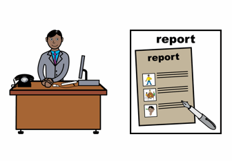 illustration of a man sat at a desk and a paper with the word report on it.