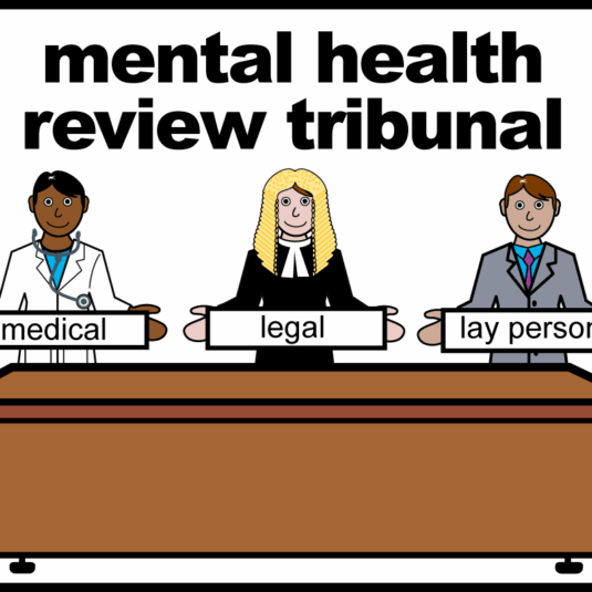 three people sat behind a desk with medical, legal and lay person signs in front of them.